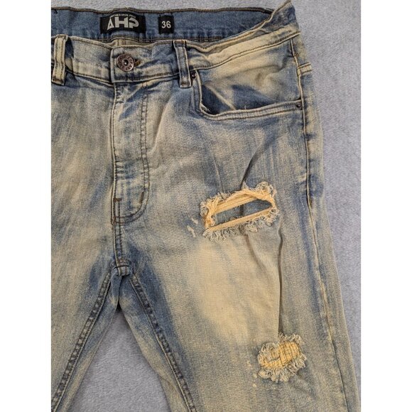AHP Another Hype Piece Jeans Mens SZ 36 Blue Distressed Whiskers Slim Straight - Picture 3 of 14